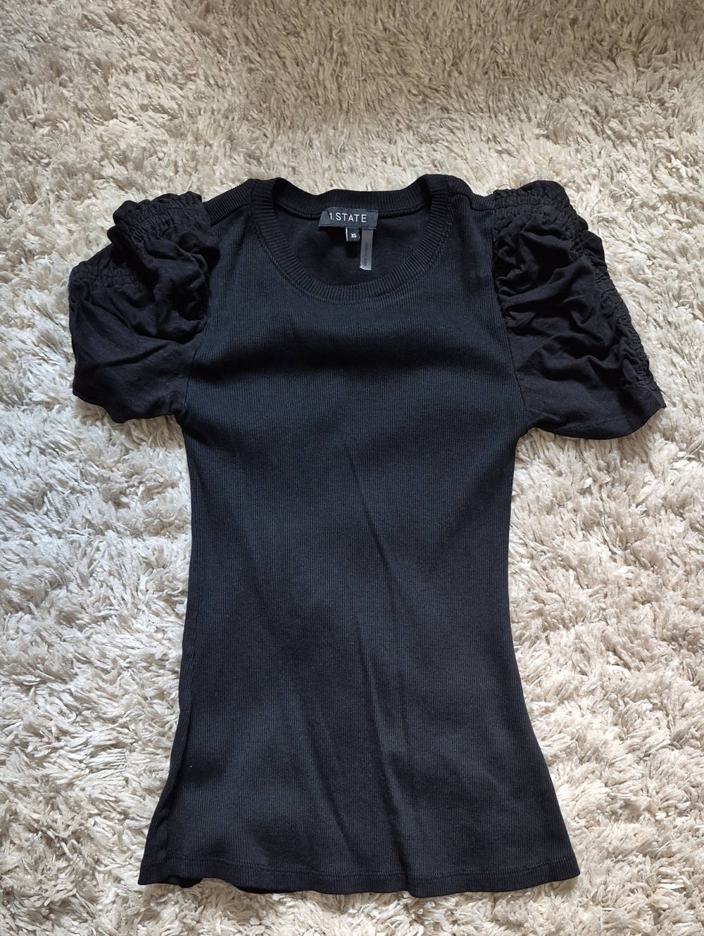 1. State Black Ribbed Puff-Sleeve Short Sleeve Top